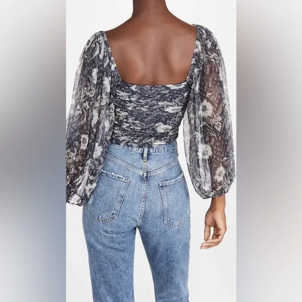 Free People Lilia Navy Floral Ruched Mesh Crop Top Size Medium